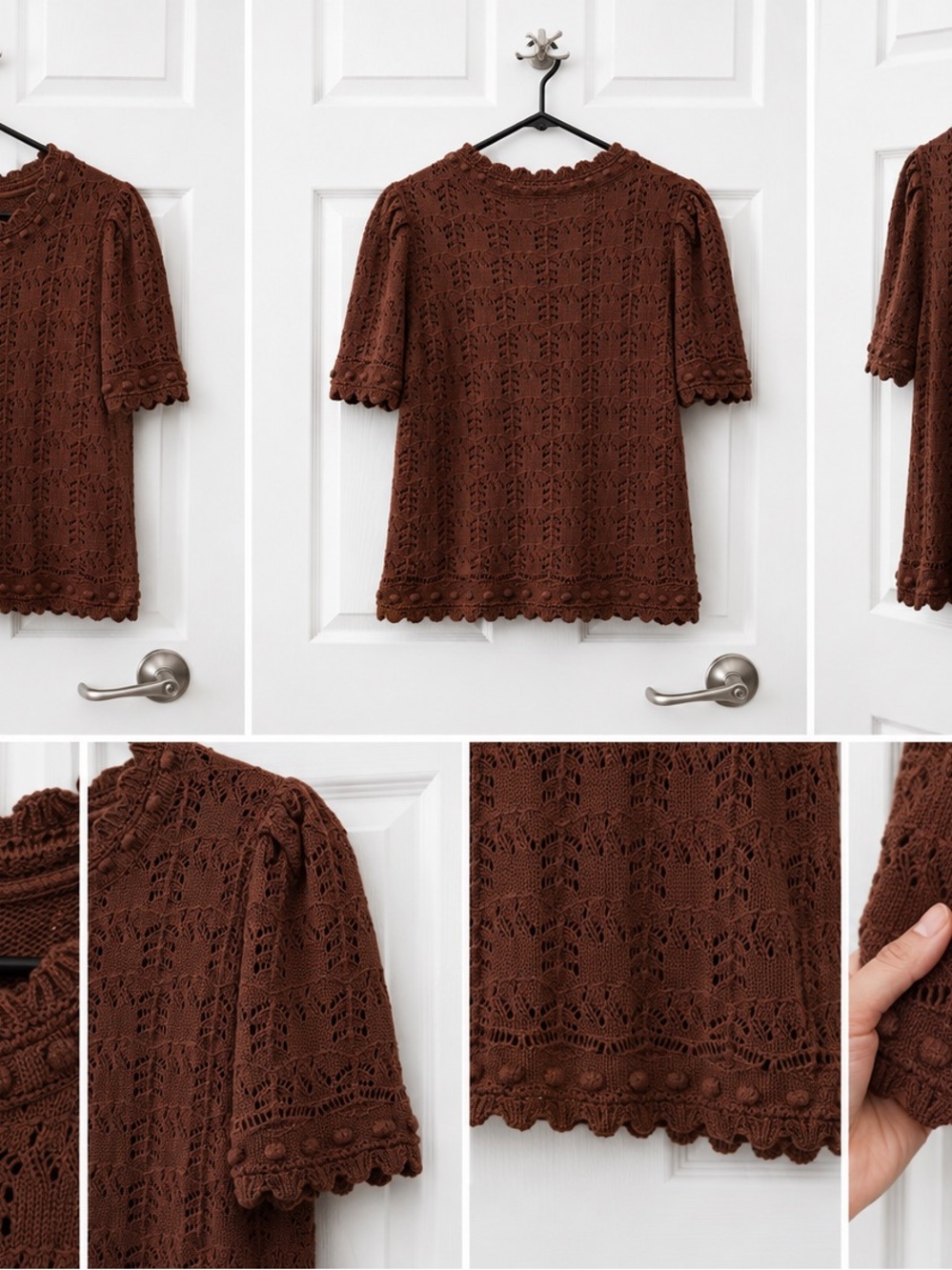 Anthropologie Chocolate Brown Crochet Short-Sleeve Knit Top
